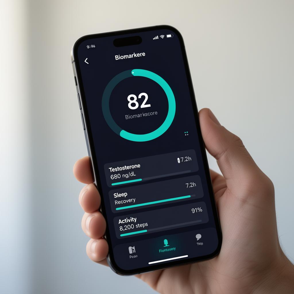 METARA Health dashboard showing biomarker score, testosterone, sleep, recovery and activity metrics